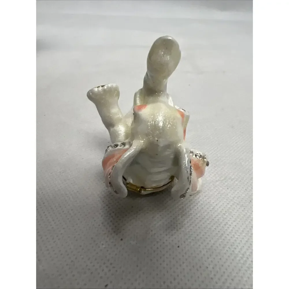 Bejeweled Enamel Hinged Trinket Box White Gold Lucky Baby Elephant w Rhinestone
